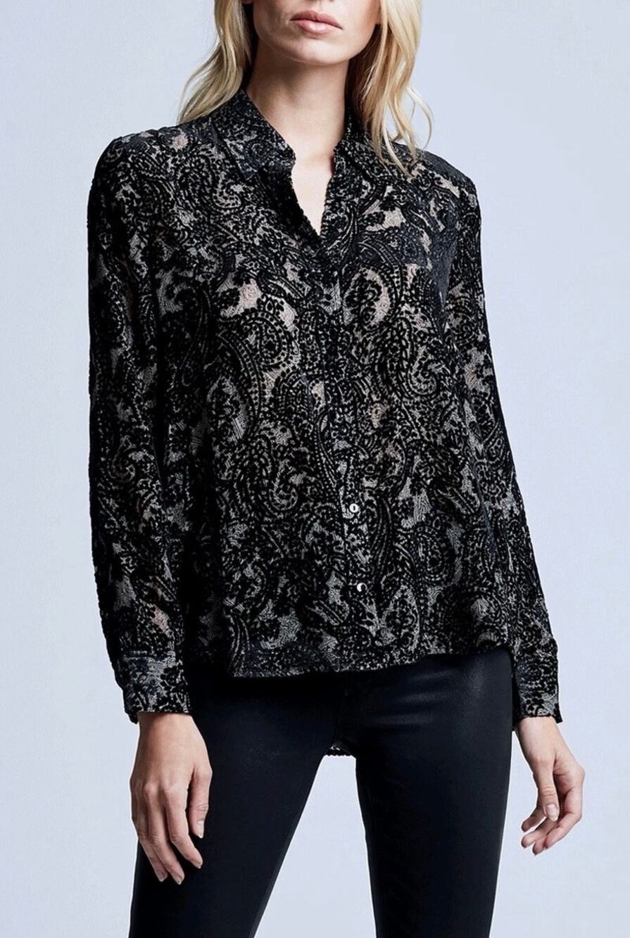 L'AGENCE Hailie Black Burnout Velvet Blouse Size M Dark Academia Goth Luxe Moody